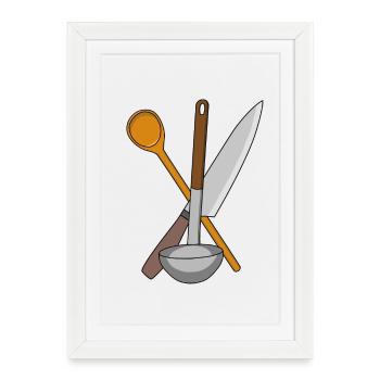 Couteau cuisinier Cuisine Cuisine Cuillerée à soupe - Affiche encadrée (27 × 37 cm) - blanc - Devant