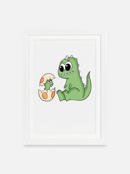 Dinosaurier mit Baby Dinosaurier - Gerahmtes Poster (27 × 37 cm) - Weiß