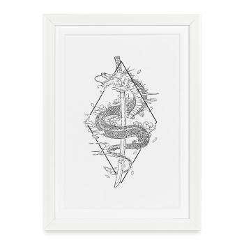 Kanji Sword Dragon Japonais Katana Japonais - Affiche encadrée (27 × 37 cm) - blanc - Devant