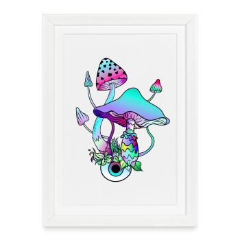 Champignons magiques Goa Psy Trance Champignons Yeux Art - Affiche encadrée (27 × 37 cm) - blanc - Devant