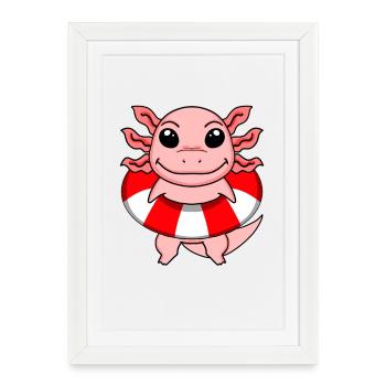 Axolotl Natation Bouée de sauvetage - Affiche encadrée (27 × 37 cm) - blanc - Devant