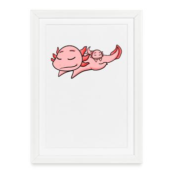 Axolotl Papa avec Bébé Axolotl - Affiche encadrée (27 × 37 cm) - blanc - Devant