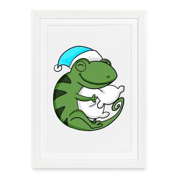 Caméléon avec oreiller et bonnet de couchage - Affiche encadrée (27 × 37 cm) - blanc - Devant
