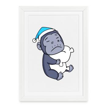 Gorille avec oreiller et bonnet de couchage - Affiche encadrée (27 × 37 cm) - blanc - Devant