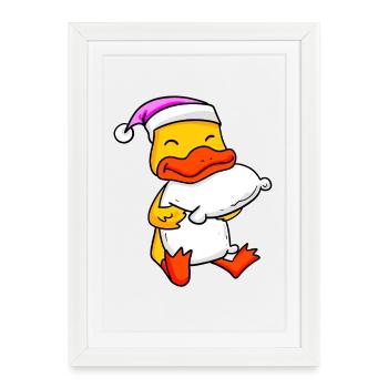 Canard avec oreiller et bonnet de couchage - Affiche encadrée (27 × 37 cm) - blanc - Devant