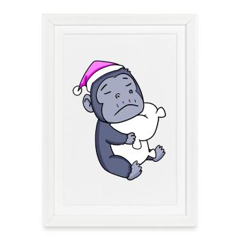 Gorille avec oreiller et bonnet de couchage - Affiche encadrée (27 × 37 cm) - blanc - Devant