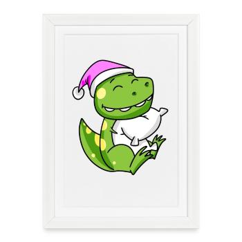Dinosaure avec oreiller et bonnet de couchage - Affiche encadrée (27 × 37 cm) - blanc - Devant