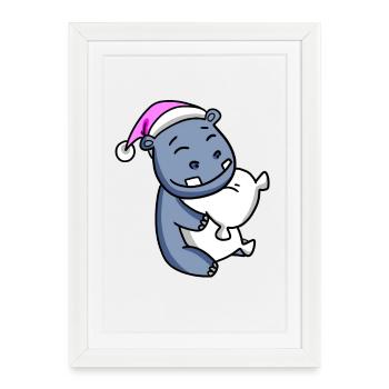 Hippopotame avec oreiller et bonnet de couchage - Affiche encadrée (27 × 37 cm) - blanc - Devant
