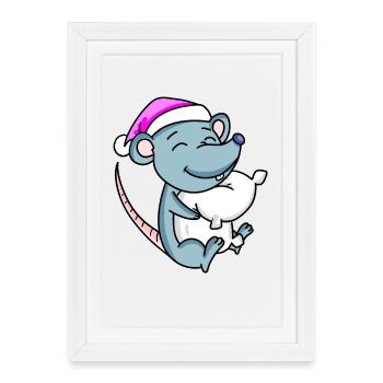 Souris avec oreiller et bonnet de couchage - Affiche encadrée (27 × 37 cm) - blanc - Devant