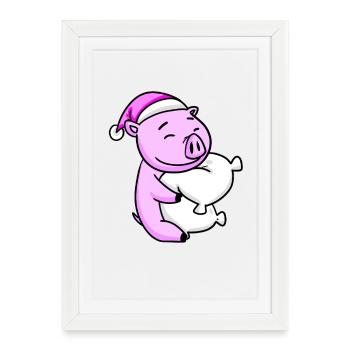 Cochon avec oreiller et bonnet de couchage - Affiche encadrée (27 × 37 cm) - blanc - Devant