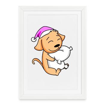 Chien avec oreiller et bonnet de couchage - Affiche encadrée (27 × 37 cm) - blanc - Devant