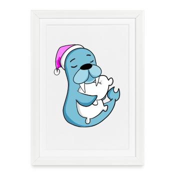 Lion de mer avec oreiller et bonnet de couchage - Affiche encadrée (27 × 37 cm) - blanc - Devant