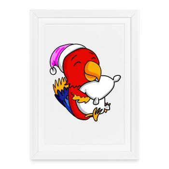 Perroquet avec oreiller et bonnet de couchage - Affiche encadrée (27 × 37 cm) - blanc - Devant