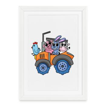Animaux à la ferme avec tracteur - Affiche encadrée (27 × 37 cm) - blanc - Devant