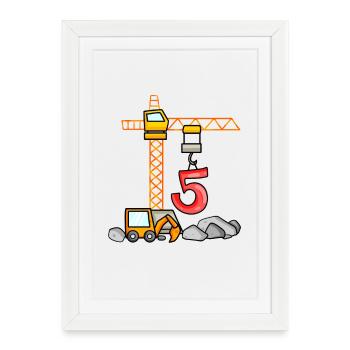 5ème anniversaire 5 ans grue chantier excavatrice garçon - Affiche encadrée (27 × 37 cm) - blanc - Devant