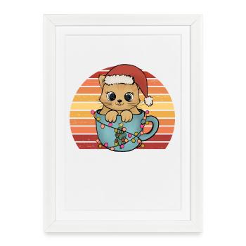Christmas Cat Kitten with Christmas Hat Retro - Framed poster (27 × 37 cm) - white - Front