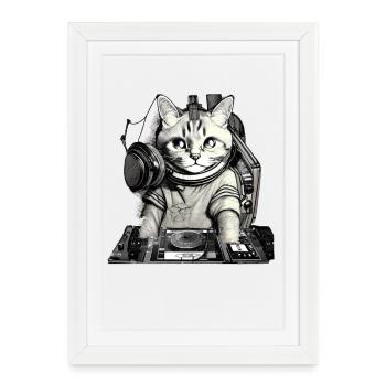 DJ cat avec table de mixage - Affiche encadrée (27 × 37 cm) - blanc - Devant