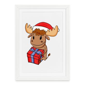 Noël Moose Baby avec cadeau - Affiche encadrée (27 × 37 cm) - blanc - Devant
