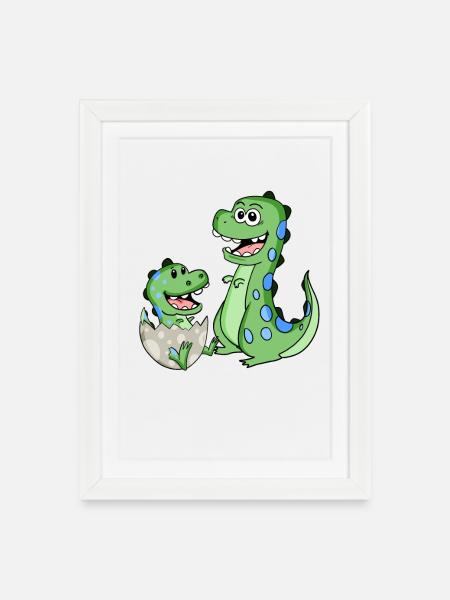 Dinosaurier mit Baby Dinosaurier - Gerahmtes Poster (27 × 37 cm) - Weiß
