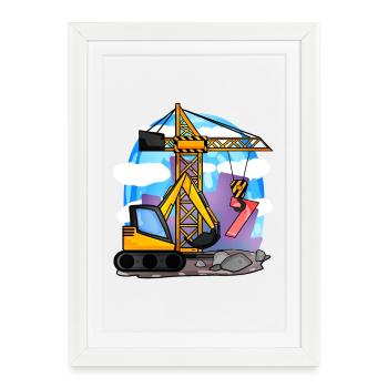 7ème anniversaire 7 ans grue chantier excavatrice garçon - Affiche encadrée (27 × 37 cm) - blanc - Devant