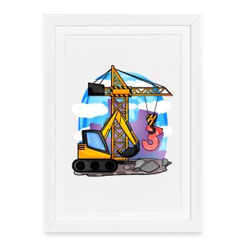 3ème anniversaire 3 ans grue chantier excavatrice garçon - Affiche encadrée (27 × 37 cm) - blanc - Devant