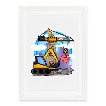 4ème anniversaire 4 ans grue chantier excavatrice garçon - Affiche encadrée (27 × 37 cm) - blanc - Devant