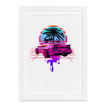 Retro Wave Sports Car 80s Vaporwave - Affiche encadrée (27 × 37 cm) - blanc - Devant