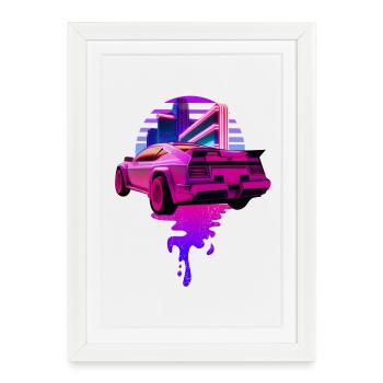 Rétro Wave Sports Car Vaporwave Sunset - Affiche encadrée (27 × 37 cm) - blanc - Devant