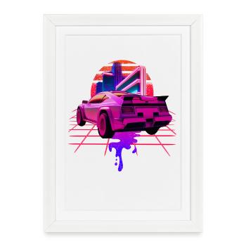 Rétro Wave Sports Car Vaporwave Sunset - Affiche encadrée (27 × 37 cm) - blanc - Devant