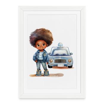 Child heroine with police car design - Framed poster (27 × 37 cm) - white - Front