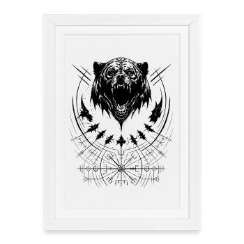 Grizzly Bear Vegvisir Runes Boussole Viking Tribal - Affiche encadrée (27 × 37 cm) - blanc - Devant