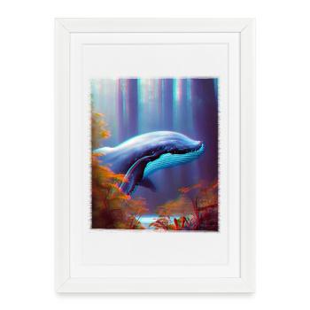 Blue whale soaring through the forest Surrealism - Framed poster (27 × 37 cm) - white - Front
