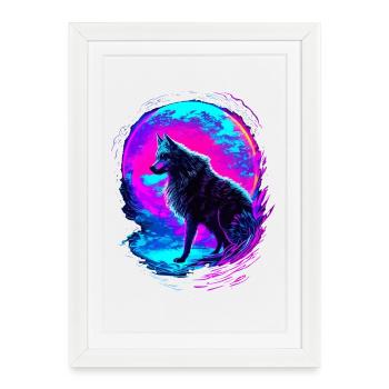 Wolf Neon Moon Synthwave - Gerahmtes Poster (27 × 37 cm) - Weiß - Vorne