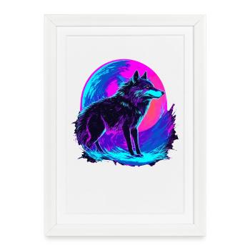Colorful Wolf Neon Moon Synthwave - Framed poster (27 × 37 cm) - white - Front