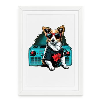Chien avec grosse boombox et lunettes de soleil - Affiche encadrée (27 × 37 cm) - blanc - Devant