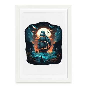 Grand voilier au clair de lune en haute mer - Affiche encadrée (27 × 37 cm) - blanc - Devant