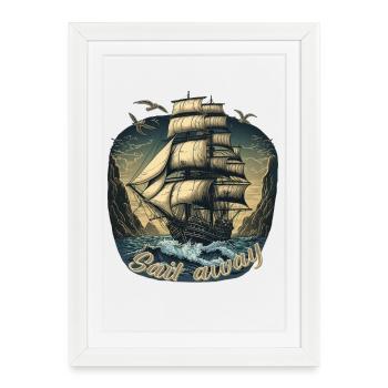 Un gigantesque bateau navigue dans une tempête en haute mer - Affiche encadrée (27 × 37 cm) - blanc - Devant