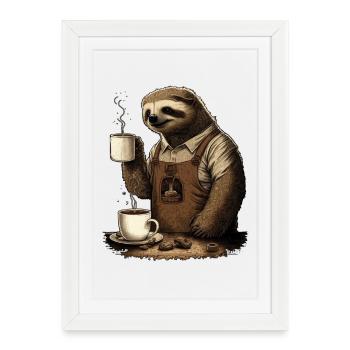 Paresseux avec tablier et tasses avec café parfumé - Affiche encadrée (27 × 37 cm) - blanc - Devant