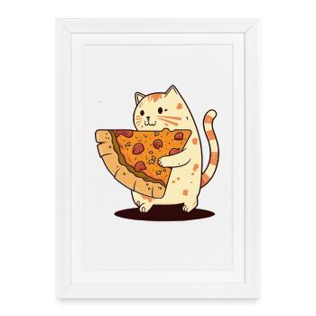 Le chat porte une tranche de pizza - Affiche encadrée (27 × 37 cm) - blanc - Devant