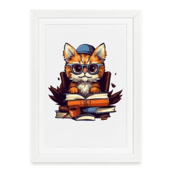 Cat with lots of books - Framed poster (27 × 37 cm) - white - Front