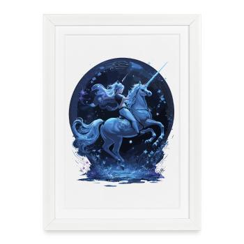 Mystisches Einhorn mit Reiterin - Gerahmtes Poster (27 × 37 cm) - Weiß - Vorne