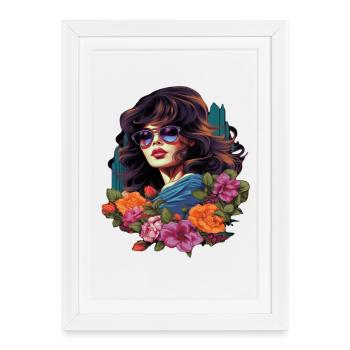 femme élégante avec des fleurs et des lunettes de soleil - Affiche encadrée (27 × 37 cm) - blanc - Devant