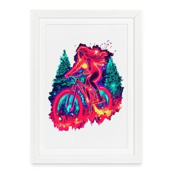 Synthwave Mountain Bike Girl Forest Ride - Affiche encadrée (27 × 37 cm) - blanc - Devant