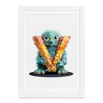 Feathery creature with letter V - Framed poster (27 × 37 cm) - white - Front