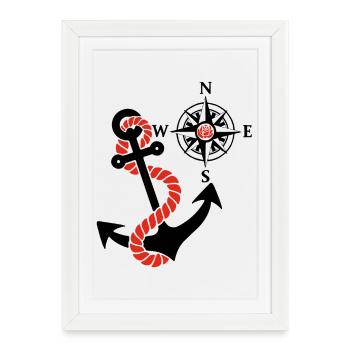 Rose des vents et ancre marine (noir) - Affiche encadrée (27 × 37 cm) - blanc - Devant