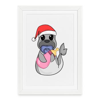 Bébé Lion de mer Noël - Affiche encadrée (27 × 37 cm) - blanc - Devant