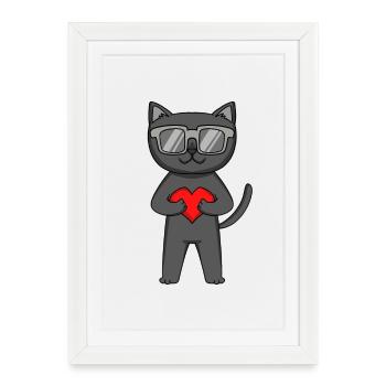 Chat avec coeur et lunettes - Chat Bombay - Affiche encadrée (27 × 37 cm) - blanc - Devant