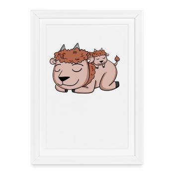 Famille de bisons - Bison avec bébé - Affiche encadrée (27 × 37 cm) - blanc - Devant