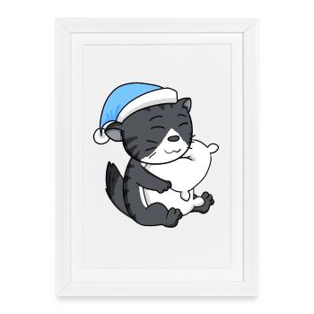 Sleeping Tired - Cat with Pillow and Sleepy Cap - Framed poster (27 × 37 cm) - white - Front
