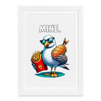 Mouette effrontée avec frites et sandwichs au poisson – MINE - Affiche encadrée (27 × 37 cm) - blanc - Devant